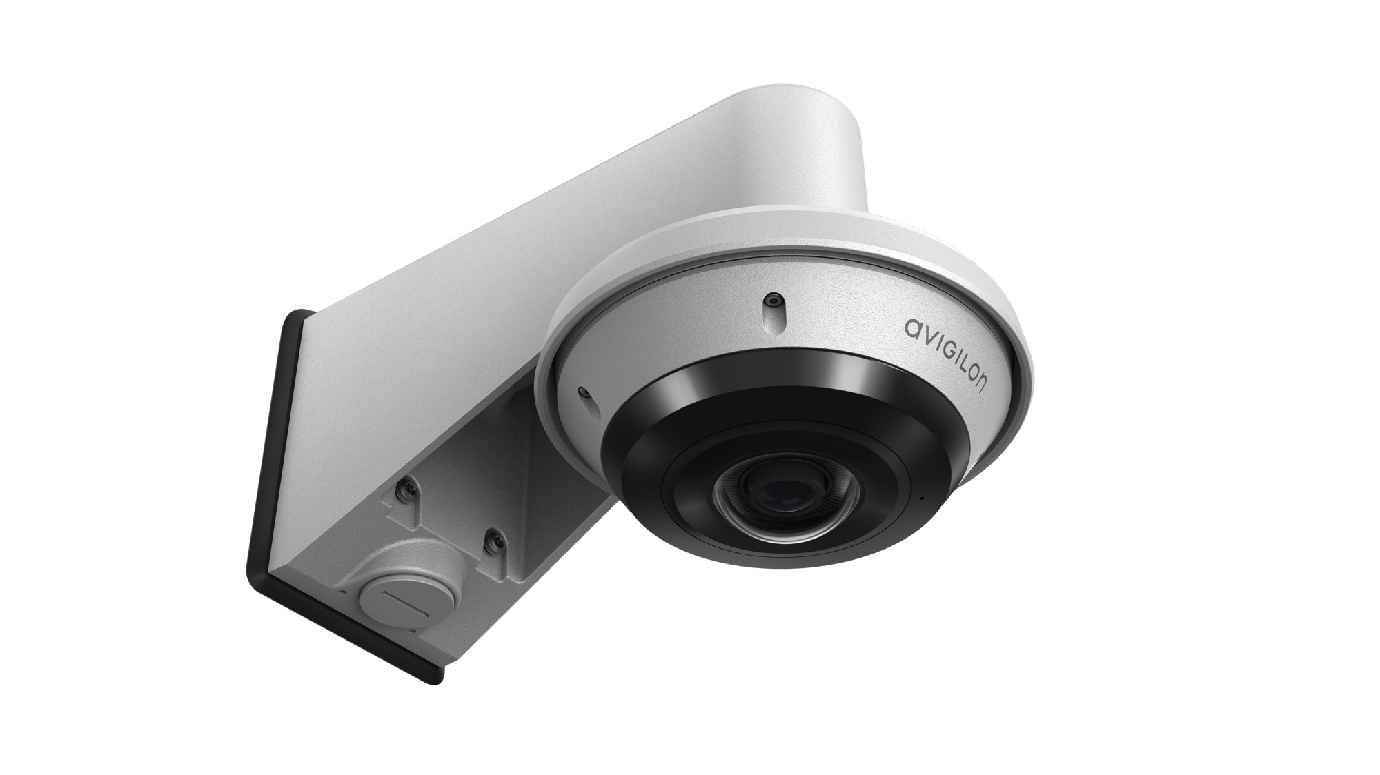Avigilon H5A Fisheye Camera, Surface Mount with Wall Arm (right ¾ view)